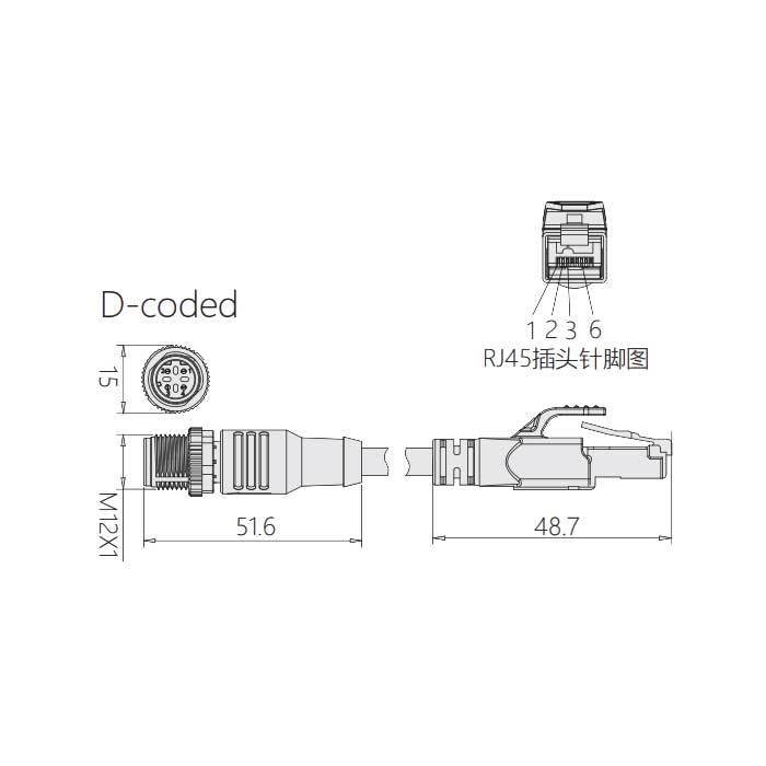 M12 4Pin D-coded、公頭直型轉(zhuǎn)RJ45公頭直型、雙端預(yù)鑄PVC非柔性電纜、帶屏蔽、黃色護(hù)套、0C4168-XXX