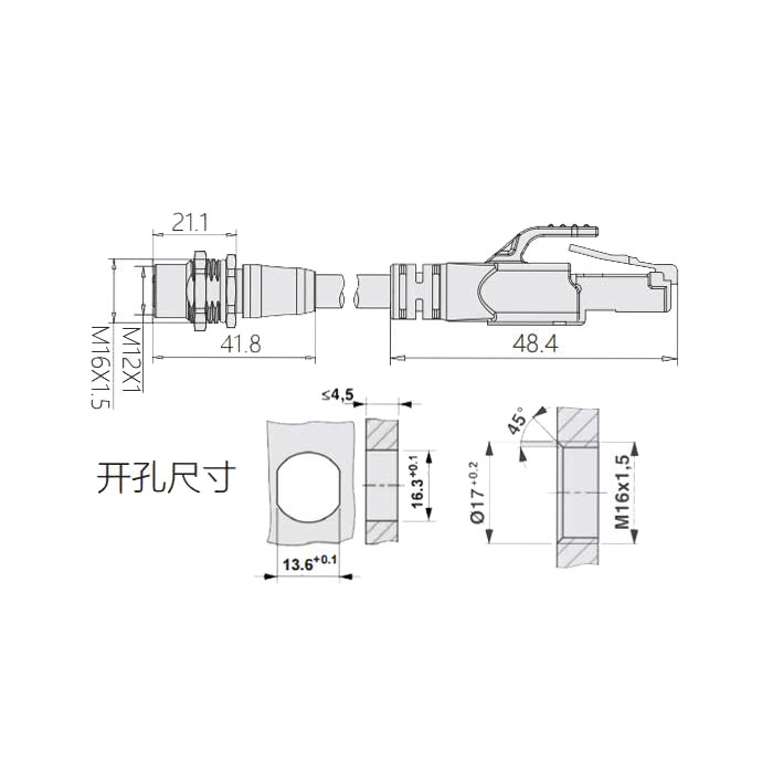 M12 4Pin D-coded、板面法蘭母頭轉(zhuǎn)RJ45公頭直型、雙端預(yù)鑄PVC非柔性電纜、帶屏蔽、黃色護套、0C4228-XXX